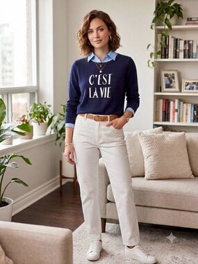 TALBOTS C'EST LA VIE Navy Women’s Graphic Long-Sleeve KnitTop